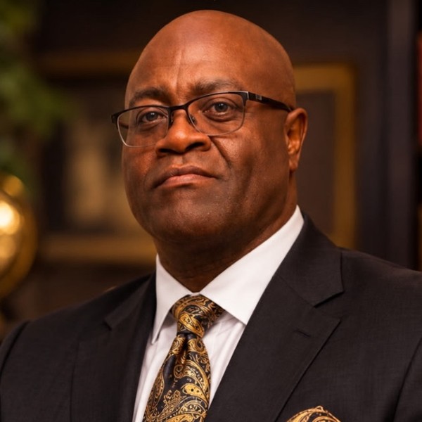 Author Peter T. Sheppard in a dark suit and gold paisley tie