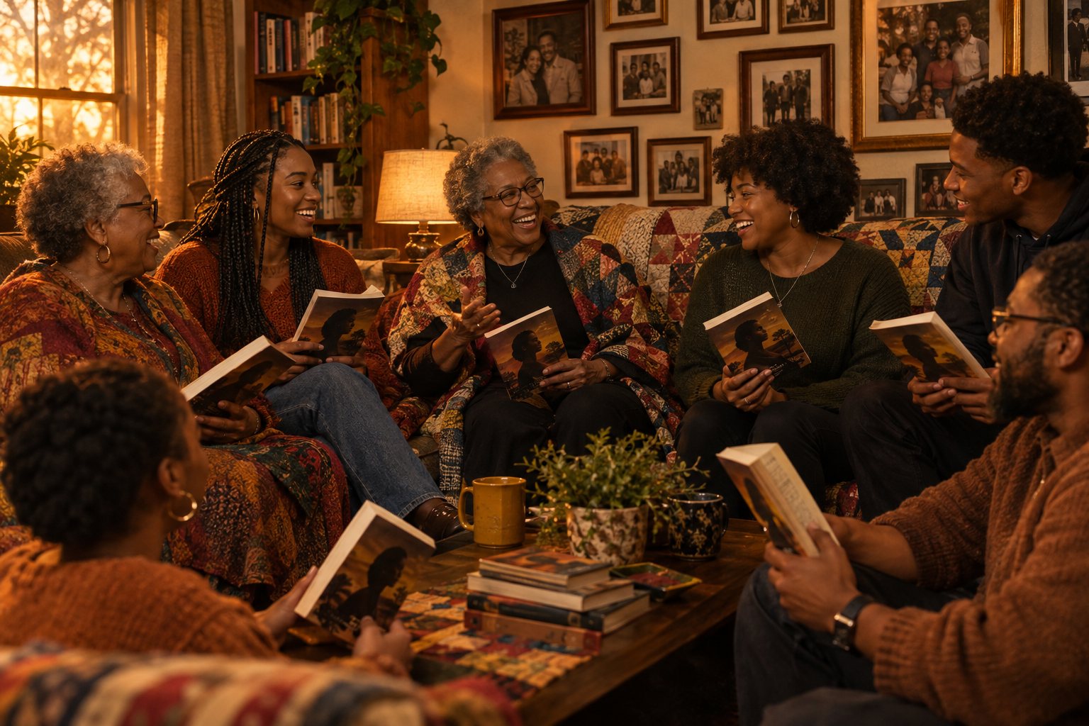 An intergenerational Black book club laughing and discussing a novel in a cozy living room