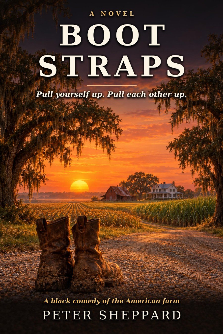 Boot Straps book cover: muddy work boots on a Louisiana farm road at sunset between live oaks
