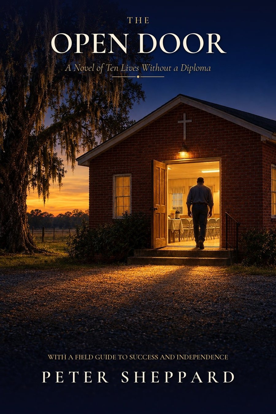 The Open Door book cover: a man walks through the lit doorway of a small brick church at dusk beside a moss-draped oak