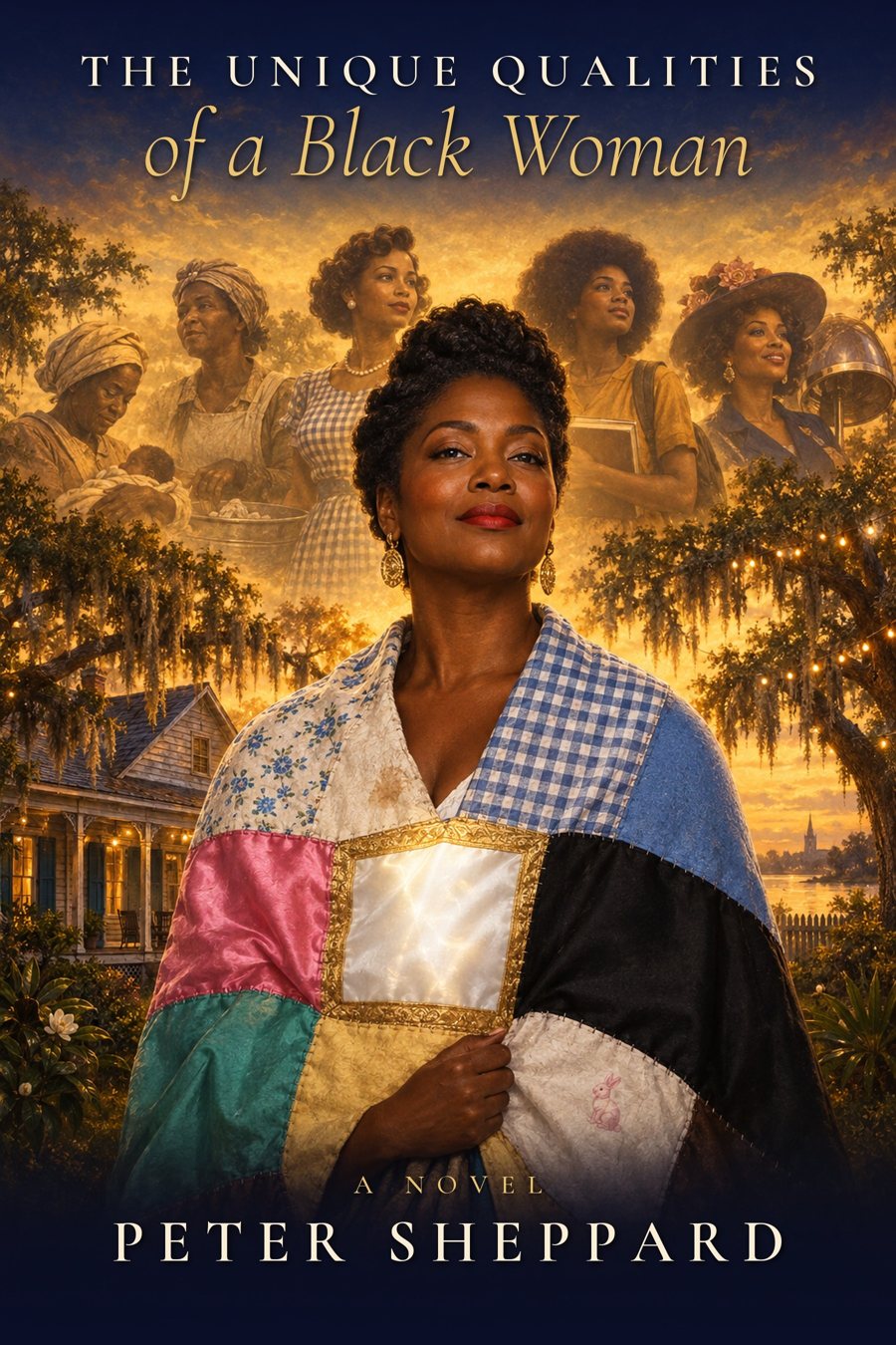 The Unique Qualities of a Black Woman book cover: a woman holding a patchwork quilt in front of a plantation-era home, surrounded by generations of women