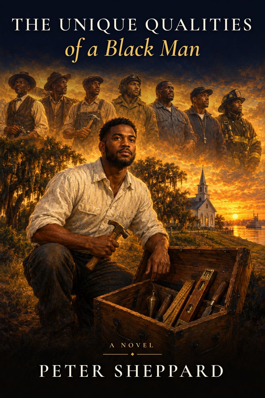 The Unique Qualities of a Black Man book cover: a man kneeling beside an open cypress tool chest, with generations of men behind him and a country church on the river at sunset