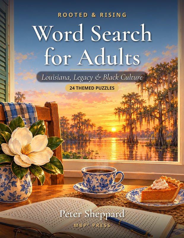 Rooted & Rising Word Search for Adults cover: an open puzzle book, coffee, sweet potato pie and a magnolia at a kitchen window over a bayou sunset