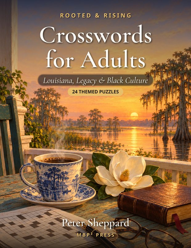 Rooted & Rising Crosswords for Adults cover: coffee, a pen, a magnolia and a Bible on a porch table at a bayou sunset