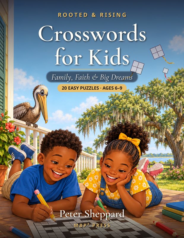 Rooted & Rising Crosswords for Kids cover: a brother and sister solving a crossword on a Louisiana porch with a pelican watching