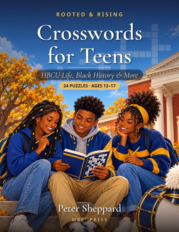 Rooted & Rising Crosswords for Teens cover: three teens sharing a puzzle book on the steps of a brick college building