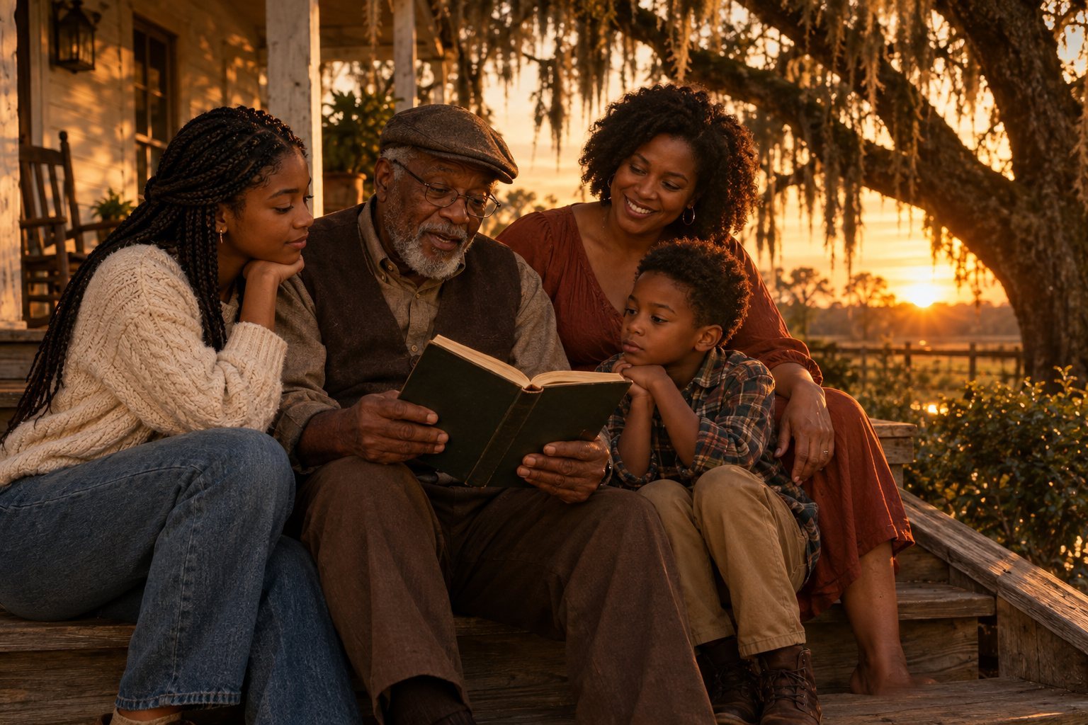 Three generations of a Black family reading together on the back steps of a Louisiana farmhouse at sunset