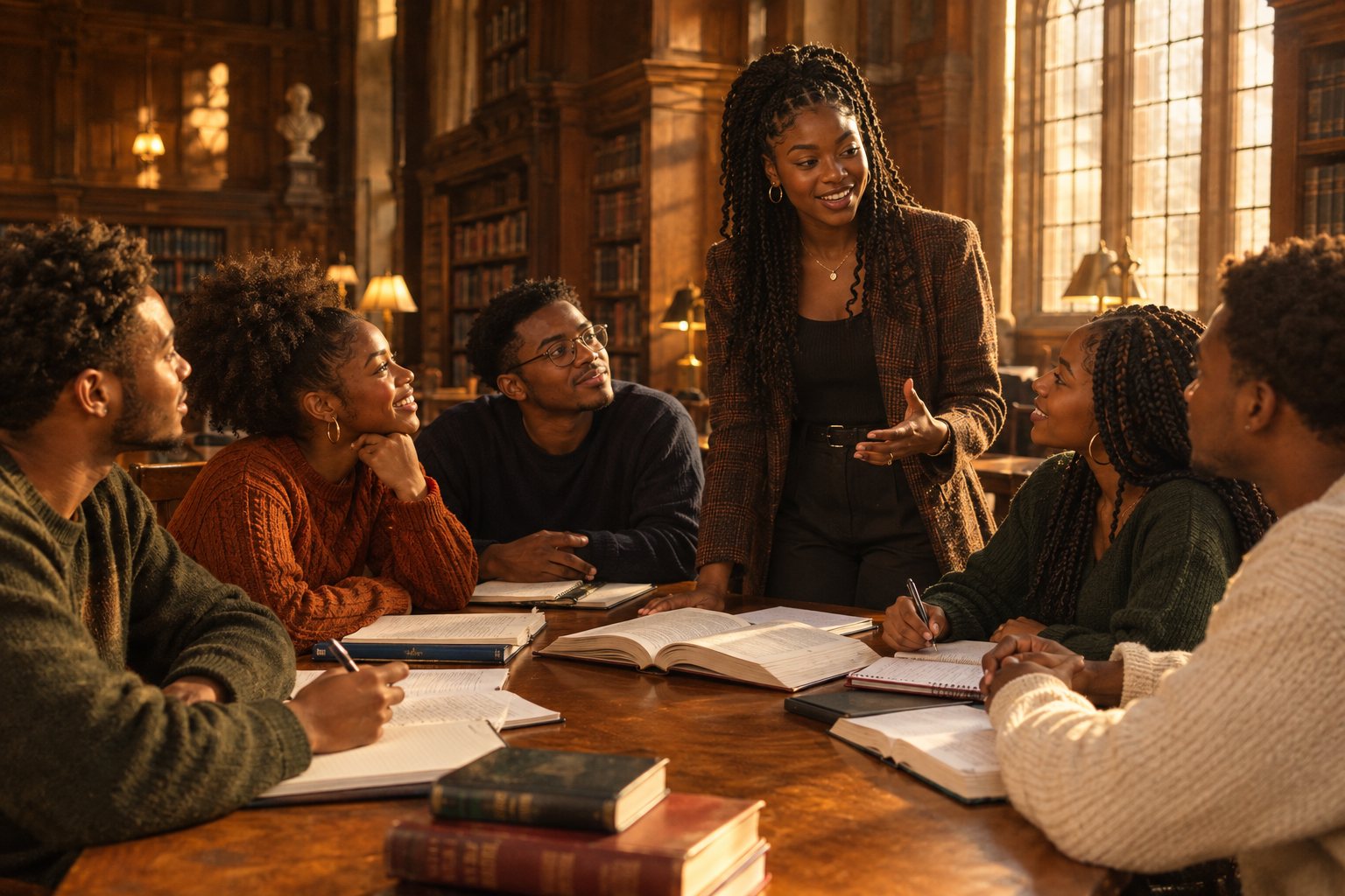 Young Black men and women in a historic library discussing books, with a young woman standing to lead the conversation
