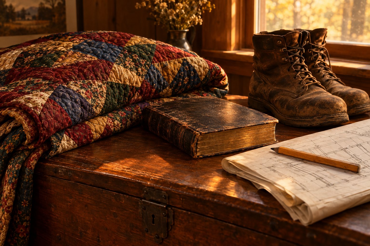 A family quilt on a cedar chest beside a family Bible, worn work boots and a blueprint