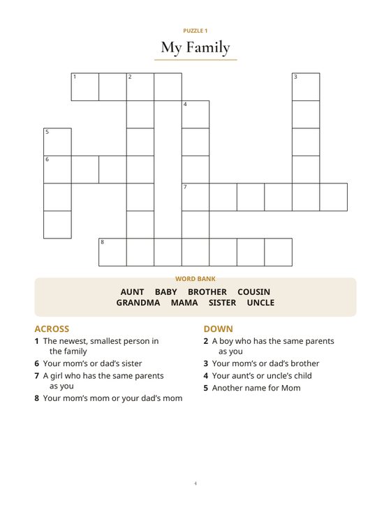 Sample page: the My Family crossword with a word bank, from Crosswords for Kids
