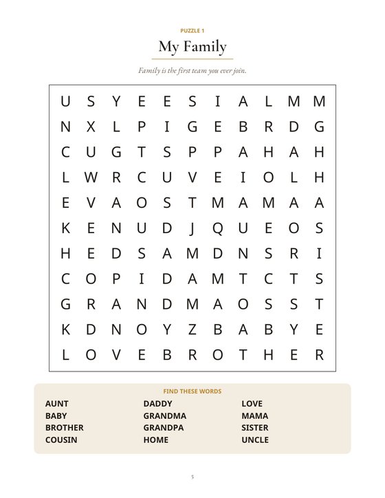 Sample page: the My Family word search with its word list, from Word Search for Kids